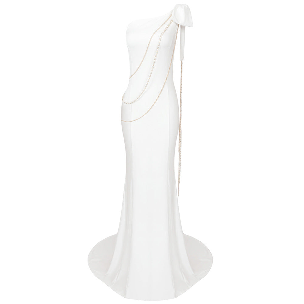 Fall White Diagonal Collar Chain Shoulder Bow Dress Cocktail Formal Dress