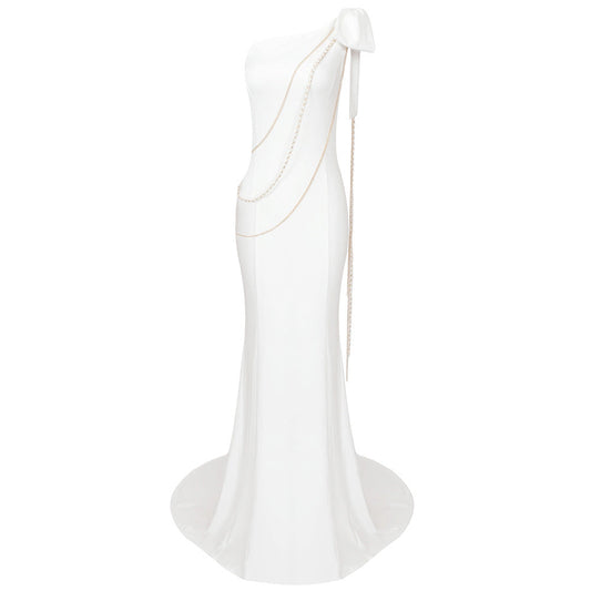 Fall White Diagonal Collar Chain Shoulder Bow Dress Cocktail Formal Dress