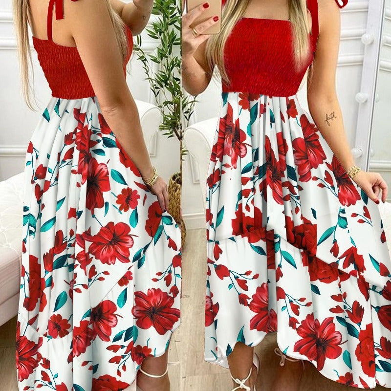 Smocked Tie-Shoulder Floral Print Tiered Asymmetrical Maxi Dress