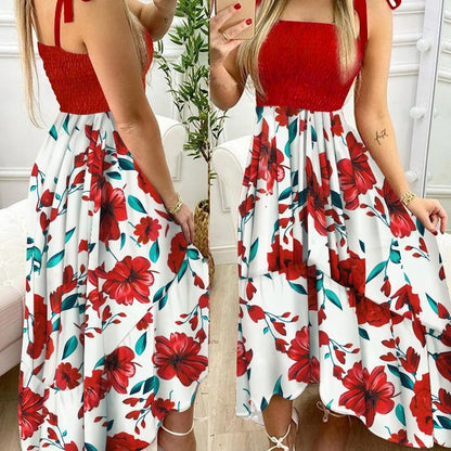 Smocked Tie-Shoulder Floral Print Tiered Asymmetrical Maxi Dress
