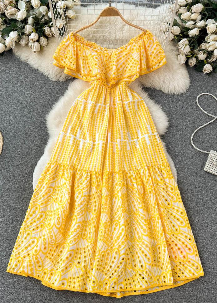 Off Shoulder Smocked Eyelet Embroidered Tiered Ruffle Maxi Dress