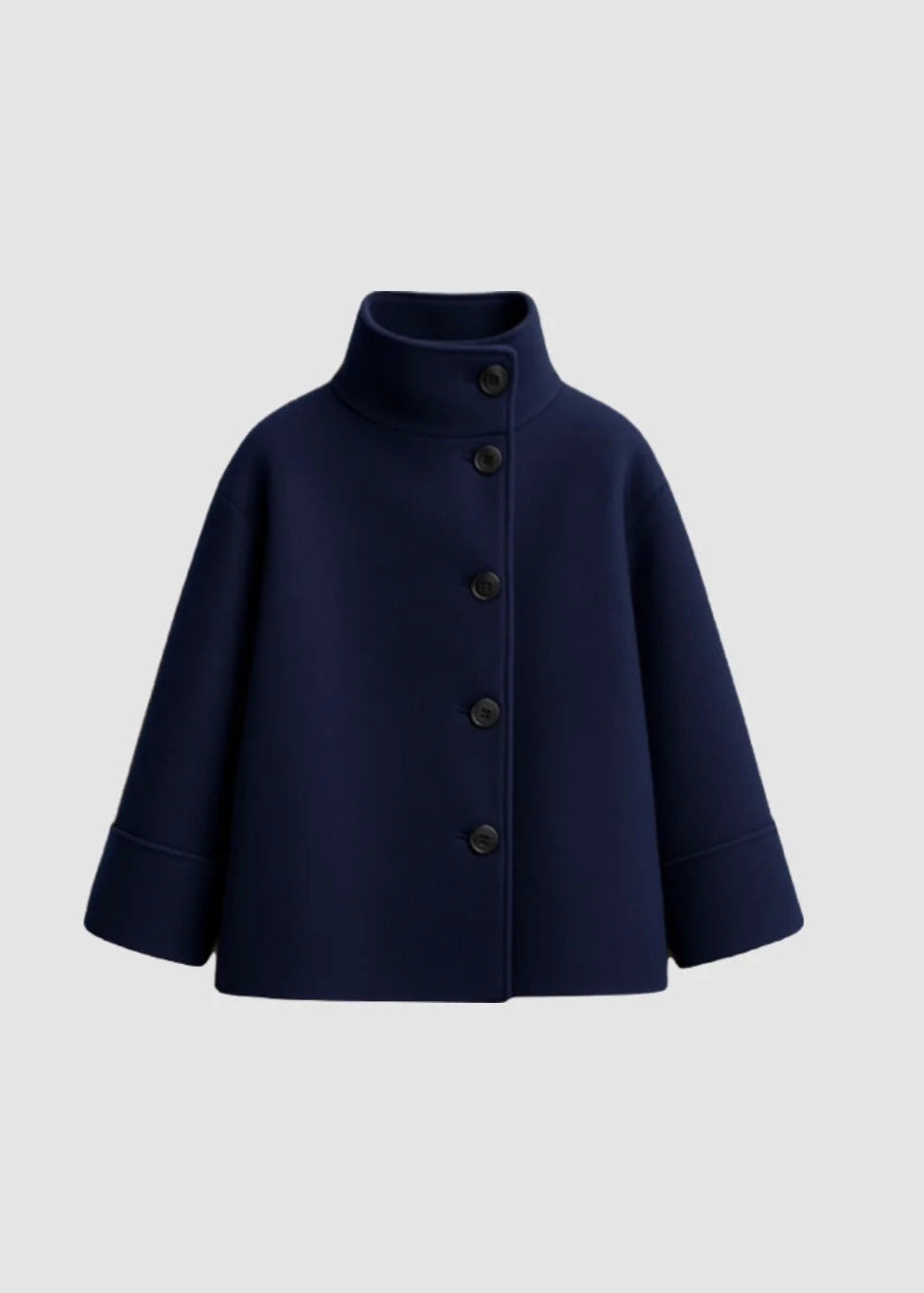Aurora High Neck Wool Blend Jacket – Navy Blue Minimalist Coat