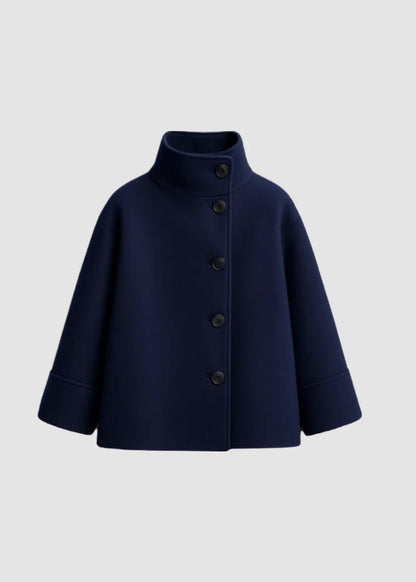Aurora High Neck Wool Blend Jacket – Navy Blue Minimalist Coat