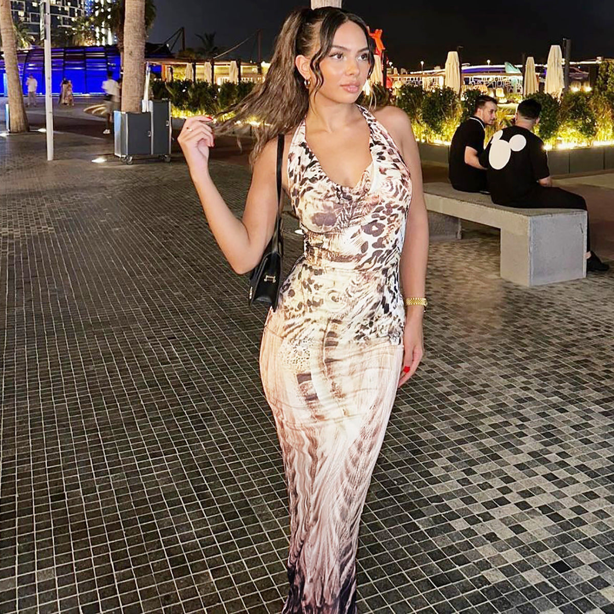 Printed Backless Slim Fit Lace up Dress