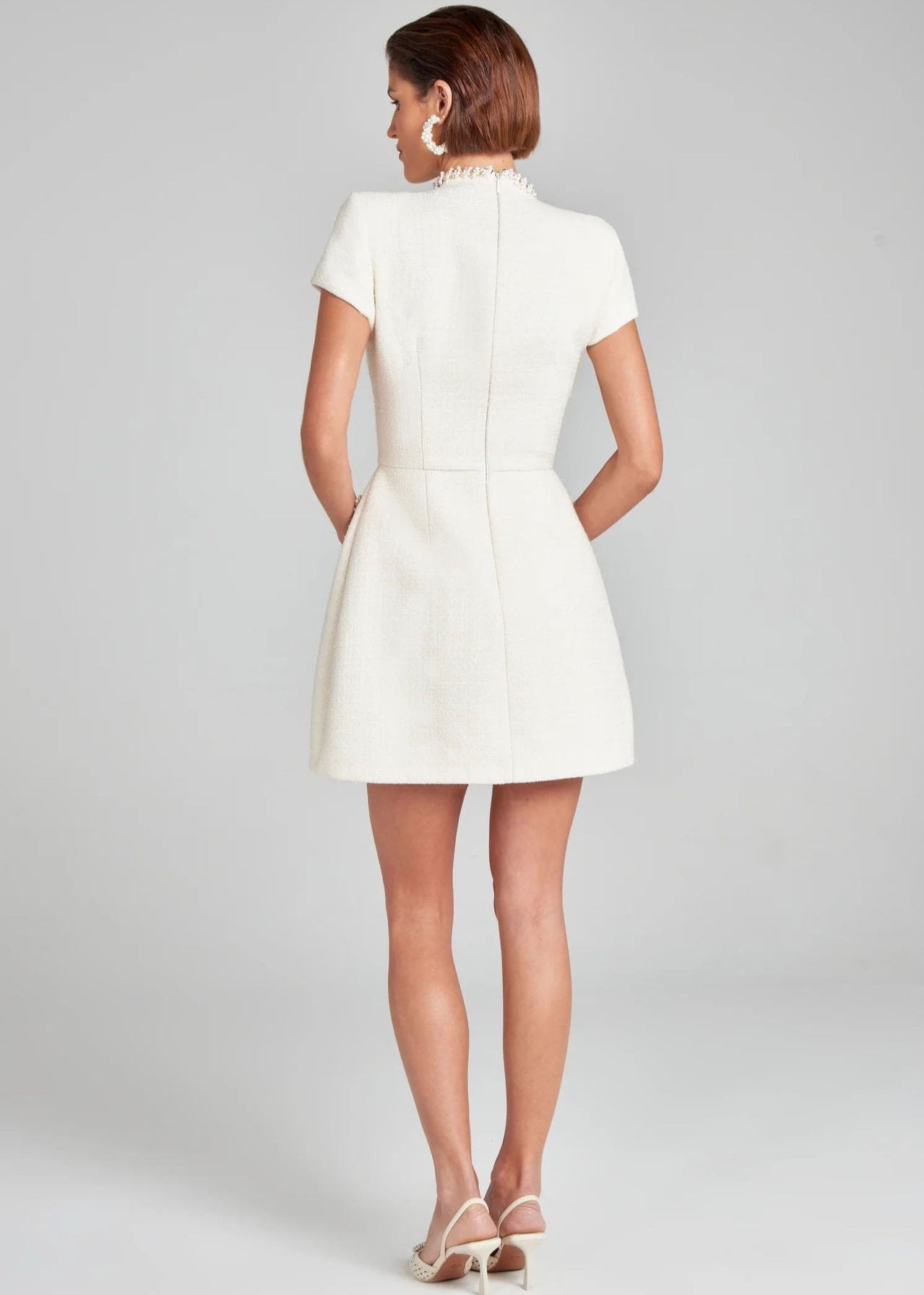 Mock Neck Pearl Crystal Embellished Pocket Tweed Mini Dress
