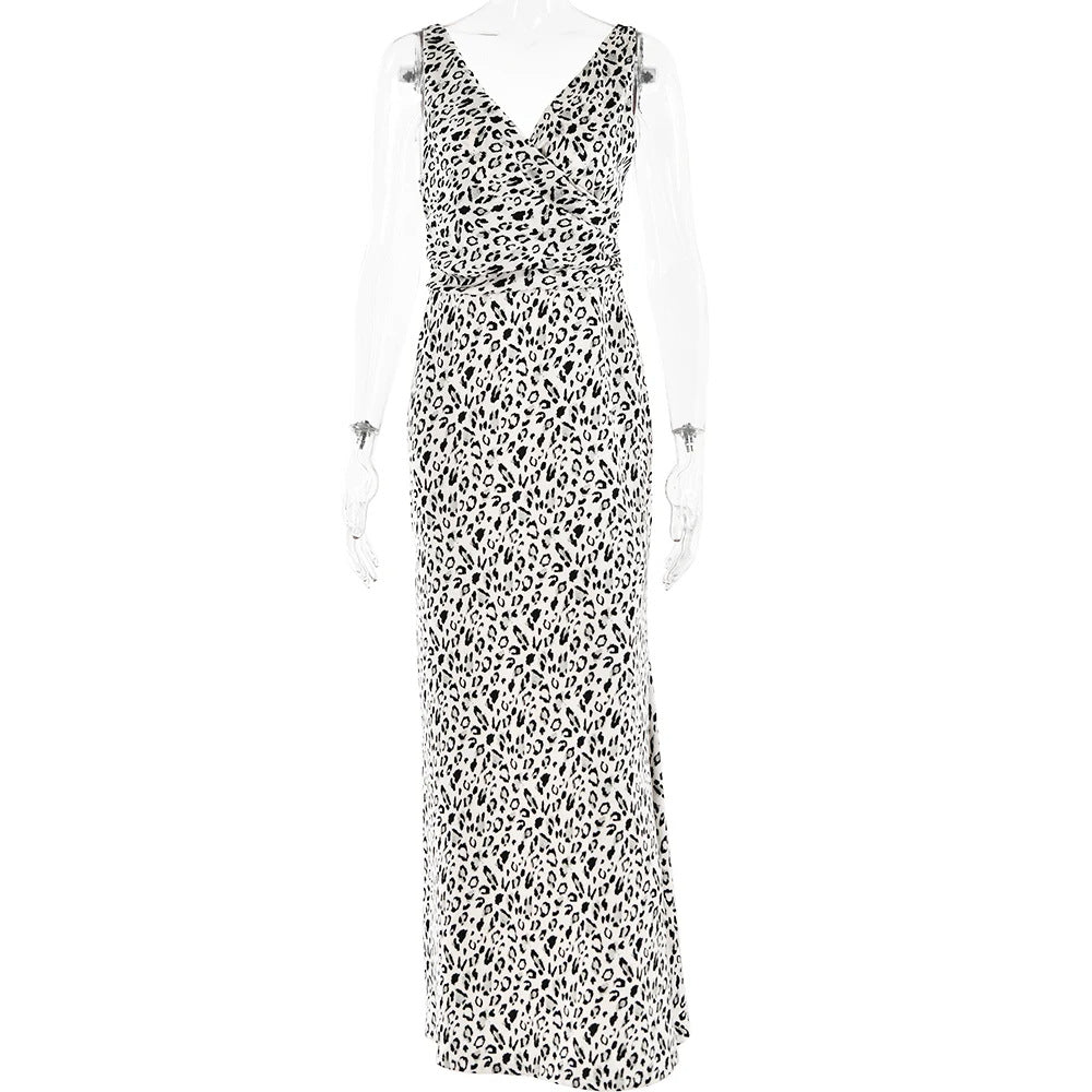 Deep V-Neck Spaghetti Strap Print Satin Column Maxi Dress