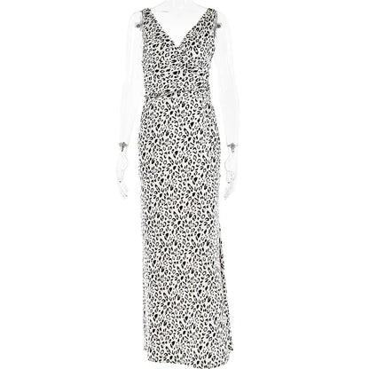 Deep V-Neck Spaghetti Strap Print Satin Column Maxi Dress