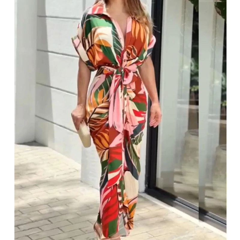 Tropical Leaf Print Button-Down Short Sleeve Tie-Waist Shirtdress Maxi Dress