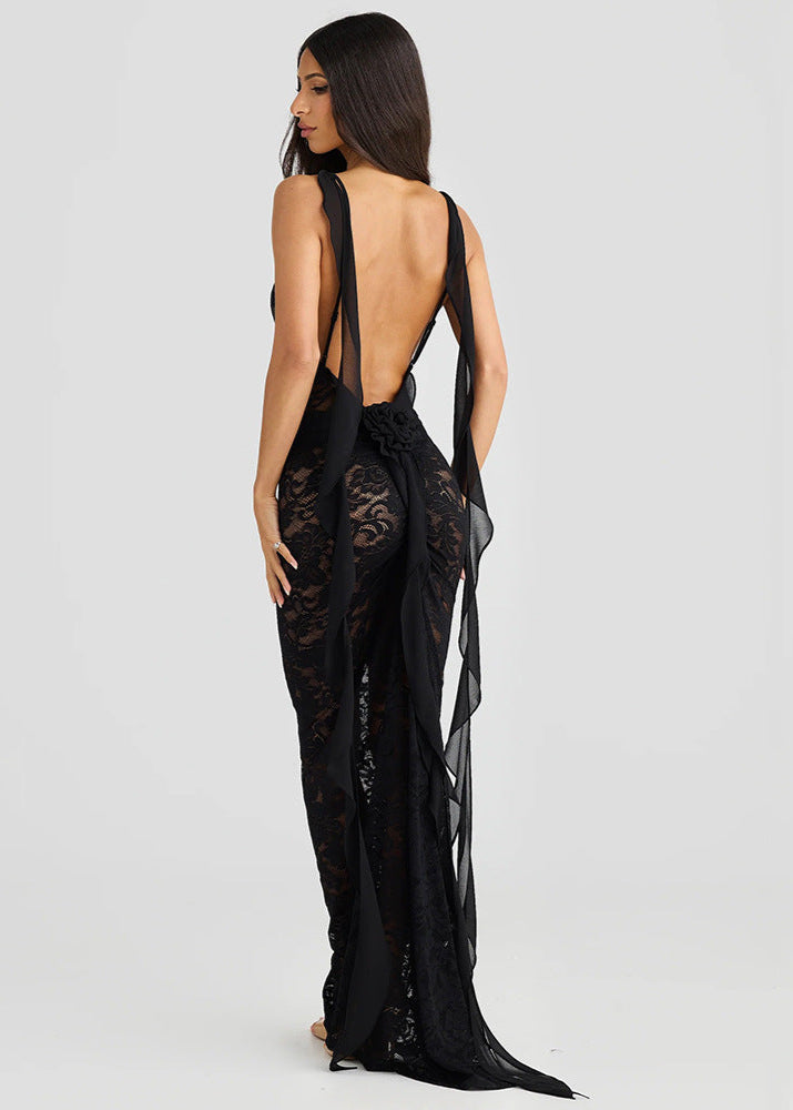 Lace Spaghetti Strap Scalloped Neck Streamer Back Bodycon Maxi Dress