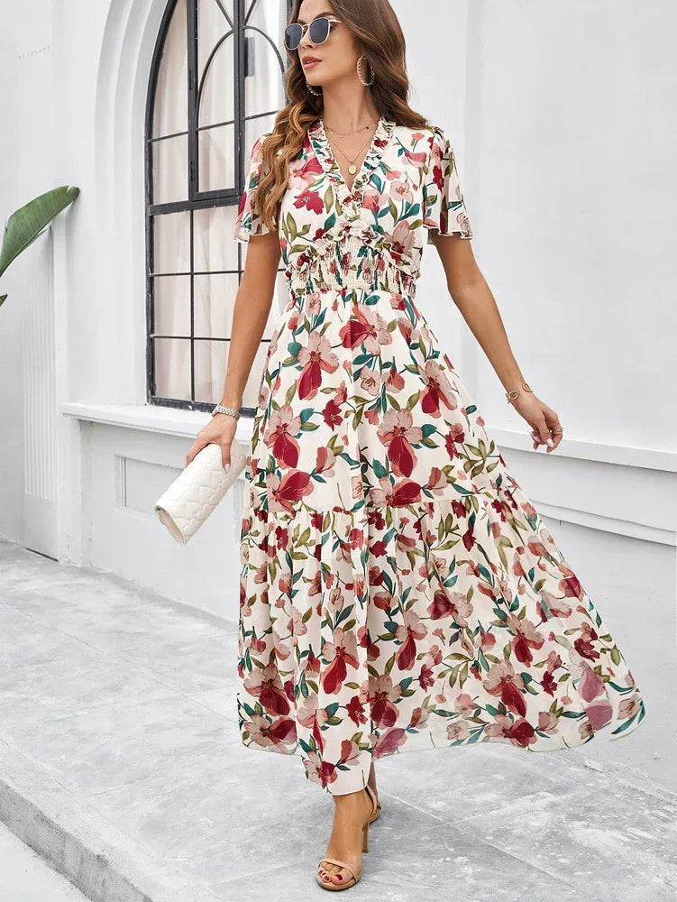 Women’s Casual Long Dress with Smocked Waist and Slit