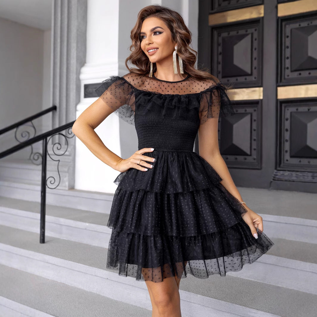 off Shoulder Collar Mesh Shirt Polka Dot Dress Party Dress