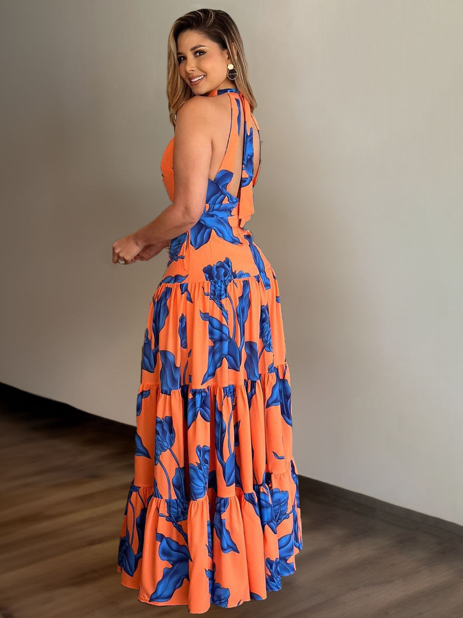 Printed Elegant Halter Large Swing Dress Dress