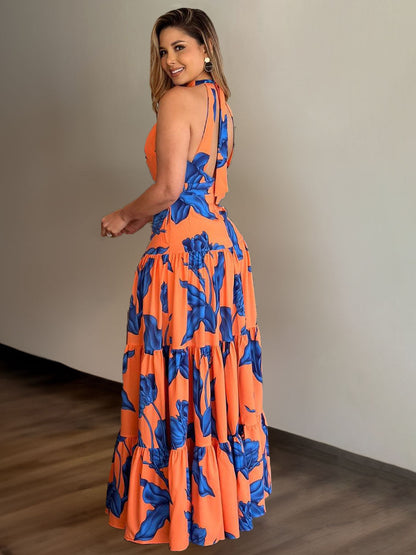 Printed Elegant Halter Large Swing Dress Dress