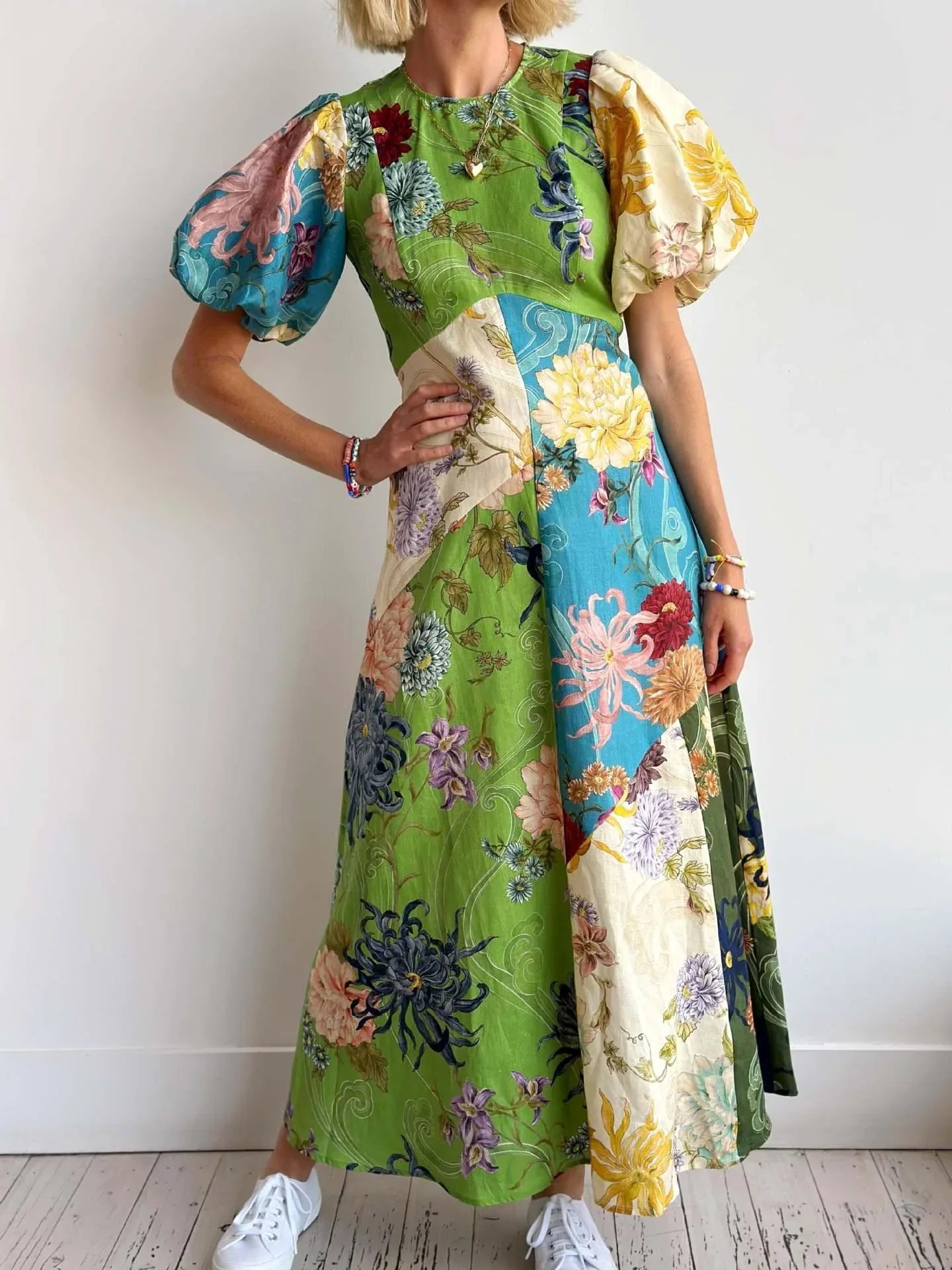 Floral patchwork linen puff sleeve maxi dress
