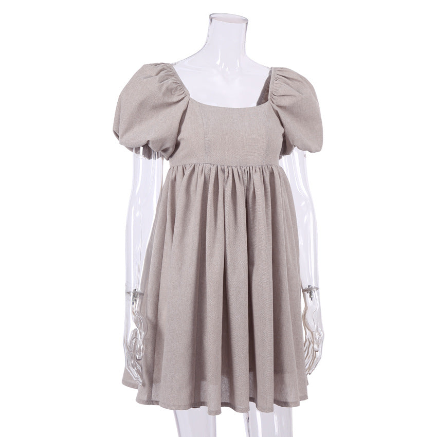 Square Neck Puff Sleeve Linen Babydoll Mini Dress