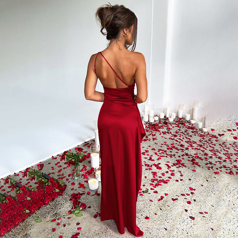 Satin One-Shoulder Ruched Bodice High Slit Column Maxi Gown