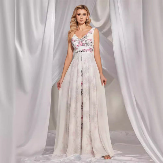 Chiffon White V Collar Printed Dress Slim Fit Maxi Dress Cocktail Evening Dress Bridesmaid Dress for