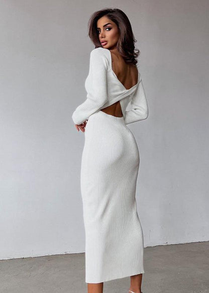 Rib Knit Twist Front Midriff Cutout Long Sleeve Bodycon Maxi Dress