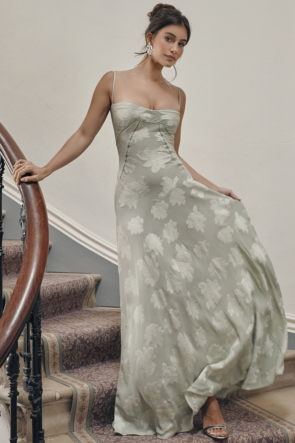 Floral Jacquard Corset Bodice Spaghetti Strap Lace-Up Back Floor-Length Gown