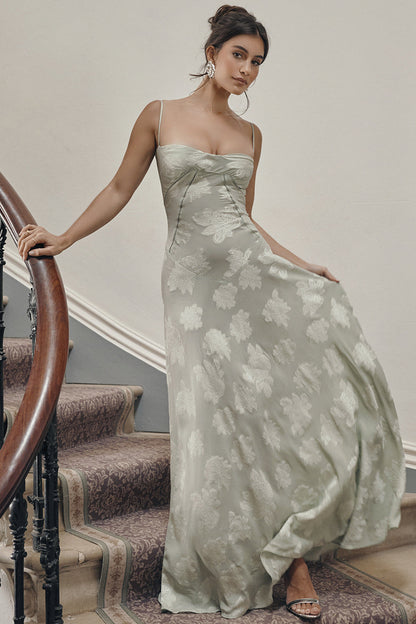 Floral Jacquard Corset Bodice Spaghetti Strap Lace-Up Back Floor-Length Gown