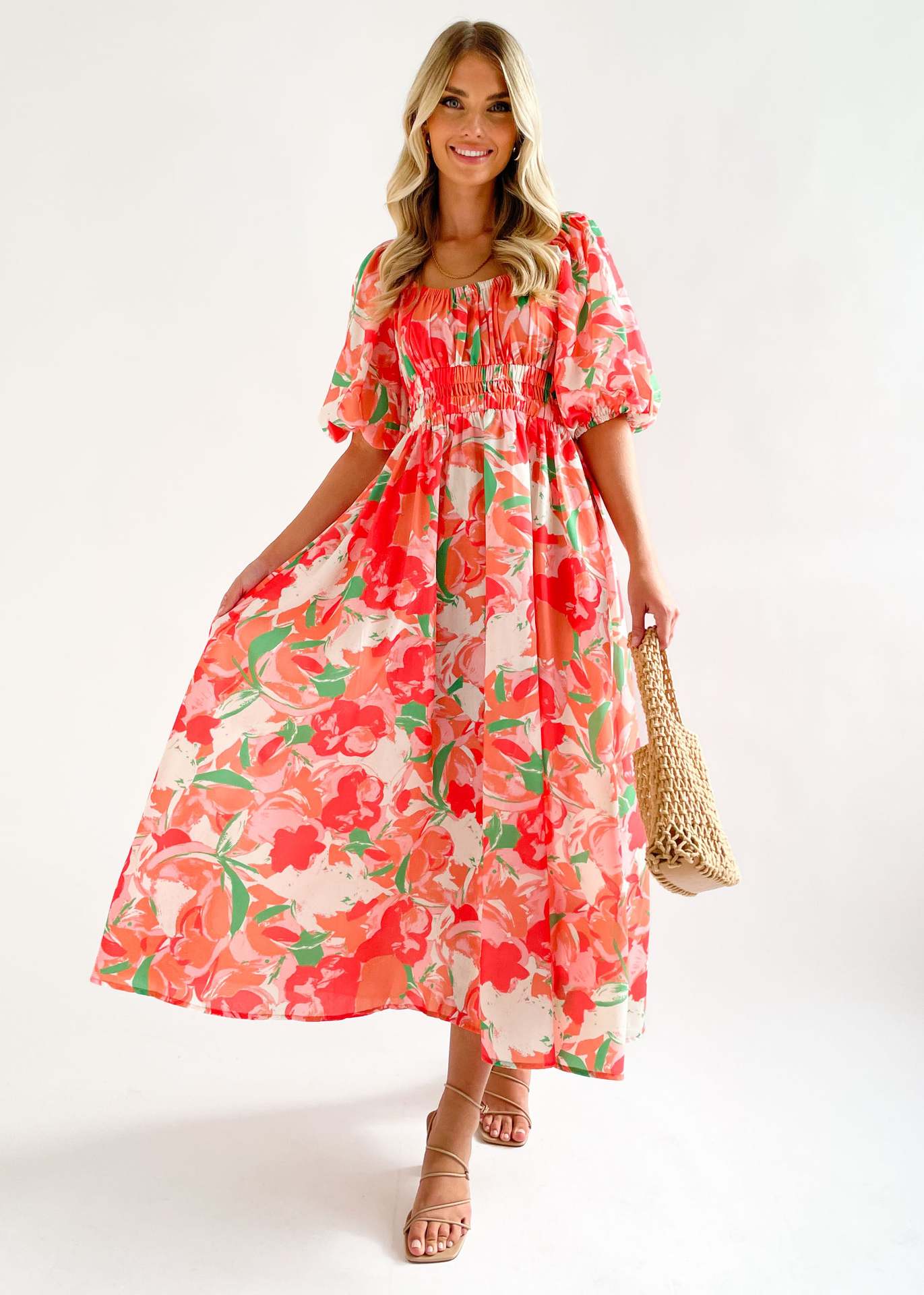 Arrival Printed Square Collar Short Sleeve Waist Controlled Large Swing Dress for