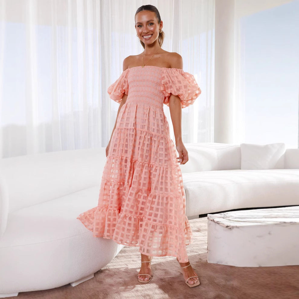 One Neck Lantern Sleeve Layer Stitching Dress