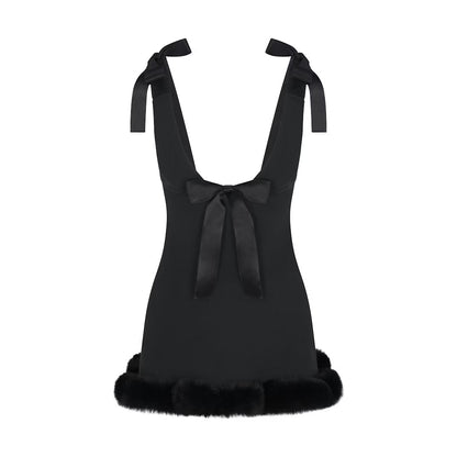 Satin Bow Strap Fur Trim Mini Dress
