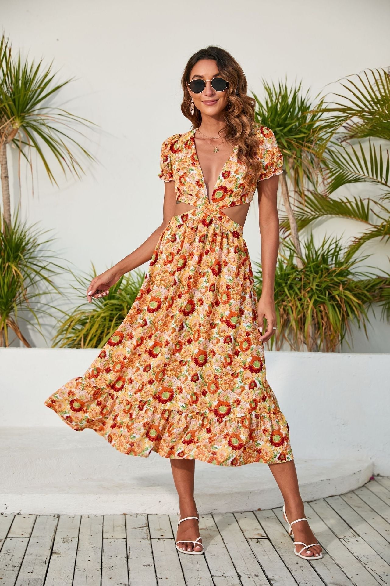 Deep V Neck Puff Sleeve Waist Cutout Gathered Front Ruffle Hem Floral Midi Dress