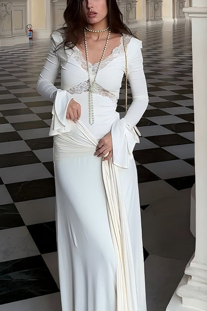 Fashion Lace Splicing Sexy V-neck Long-sleeved Slim Maxi Dress