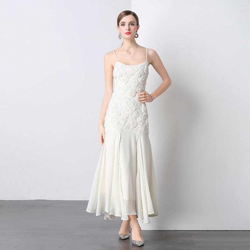 Spaghetti Strap 3D Lace Rosette Pleated Skirt Maxi Gown