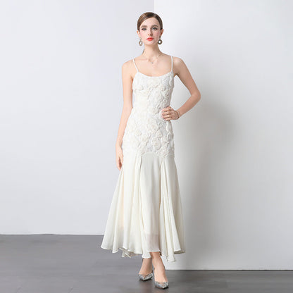 Spaghetti Strap 3D Lace Rosette Pleated Skirt Maxi Gown