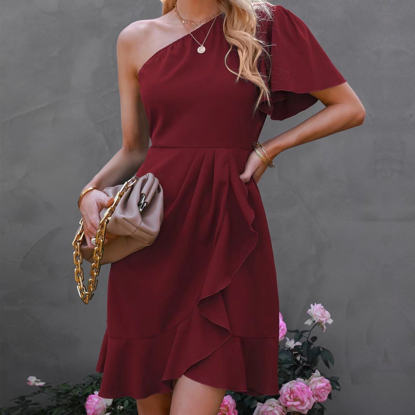One-Shoulder Ruffle Sleeve Wrap Front Cascading Ruffle Mini Dress