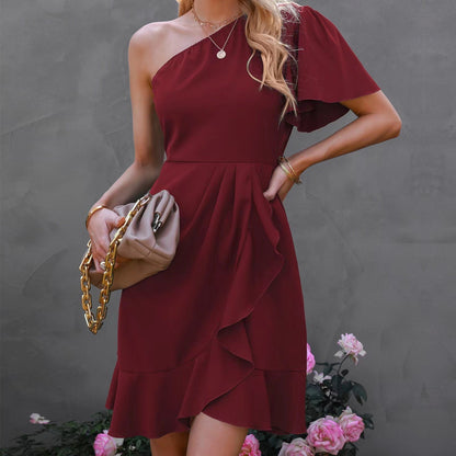 One-Shoulder Ruffle Sleeve Wrap Front Cascading Ruffle Mini Dress