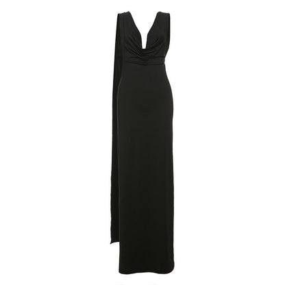 Elegant Backless Evening Dress Pile Collar Solid Color