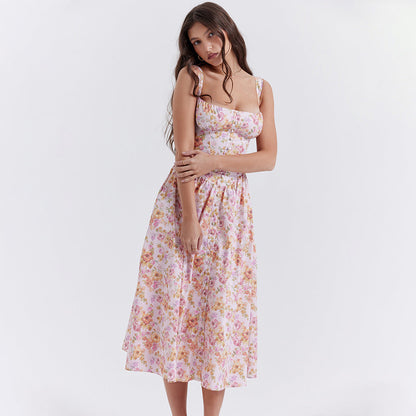 Dress Square Collar Cami Dress Slim Fit Backless Sweet Spicy Wind Floral Dress