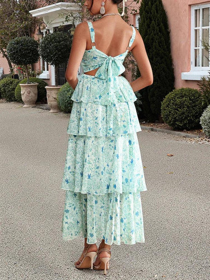 Maxi Dress Green Floral Ruffle Summer Sundress