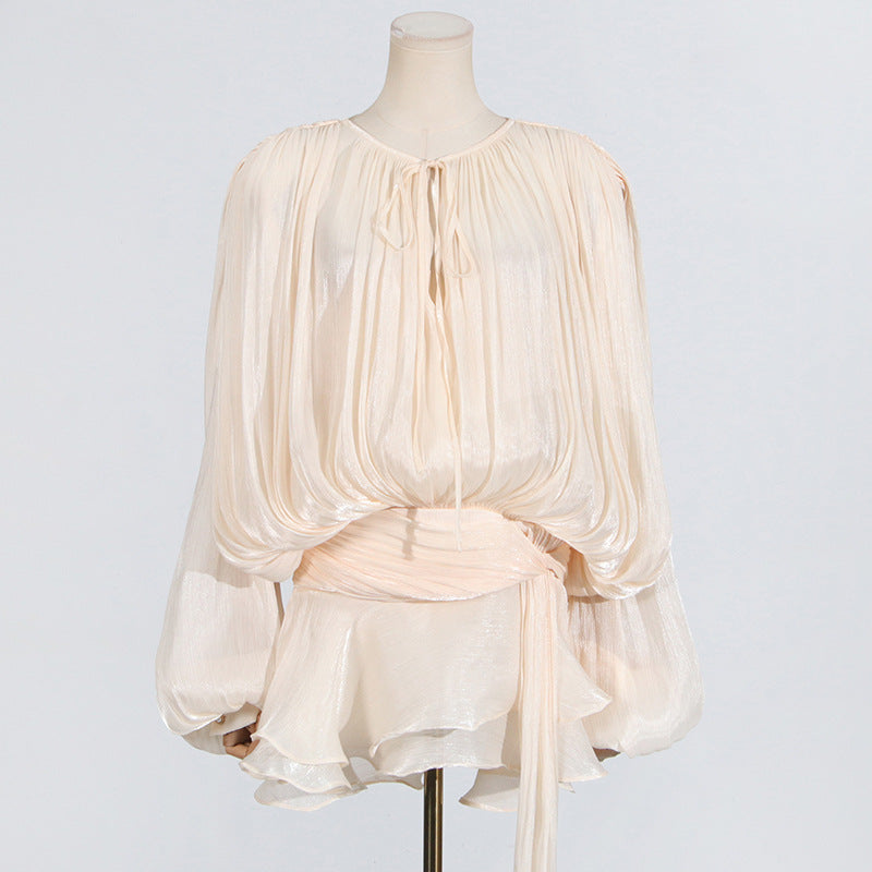 Puff Sleeve Lotus Leaf Skirt Early Pleated Design Short Mesh