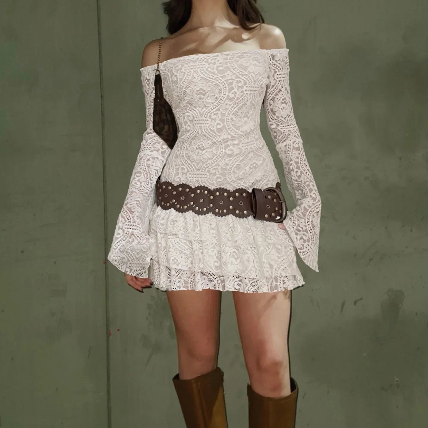 Boho off shoulder lace western mini dress