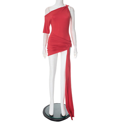 One Shoulder Ruched Draped Knot Side Sash Train Mini Dress