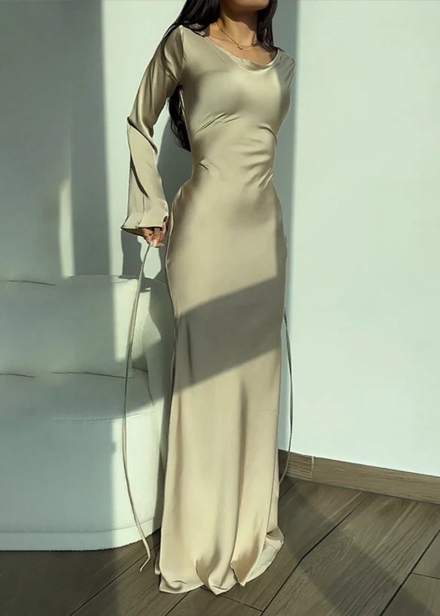 Crew Neck Bell Sleeve Satin Column Floor Length Maxi Gown