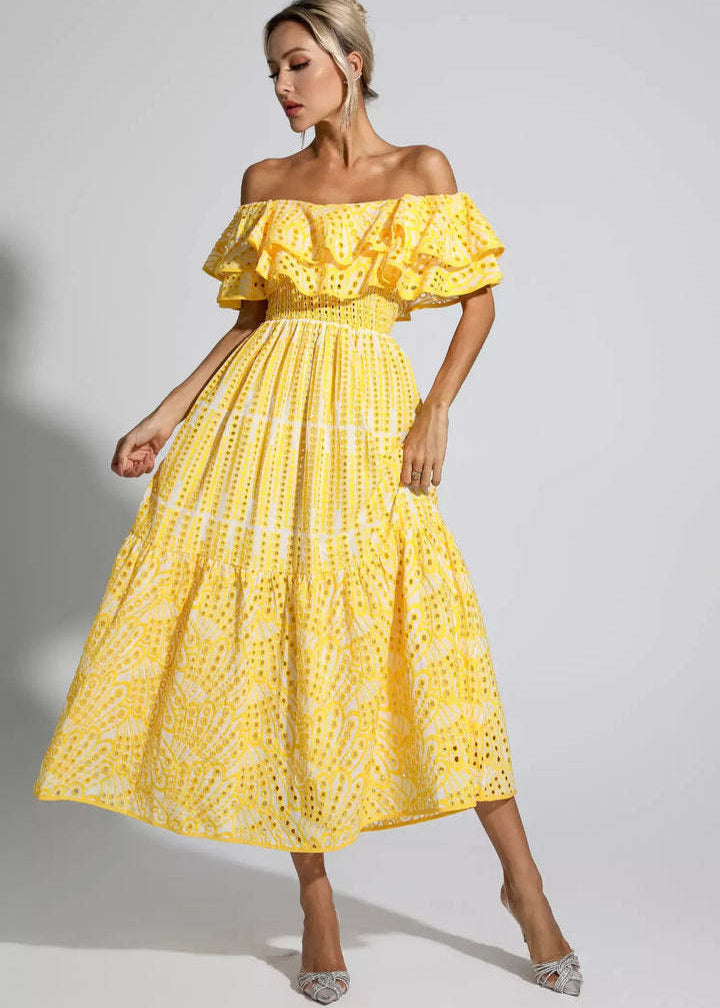 Off Shoulder Smocked Eyelet Embroidered Tiered Ruffle Maxi Dress