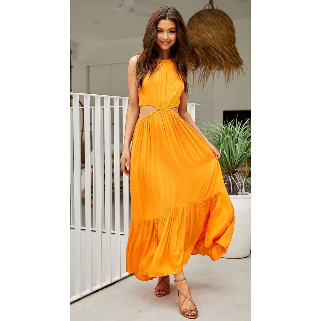 Halter Neck Cut Out Waist Ruffle Hem Crinkle Texture Maxi Dress
