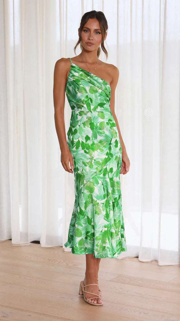 Diagonal Collar Strap Fishtail Printing Dress