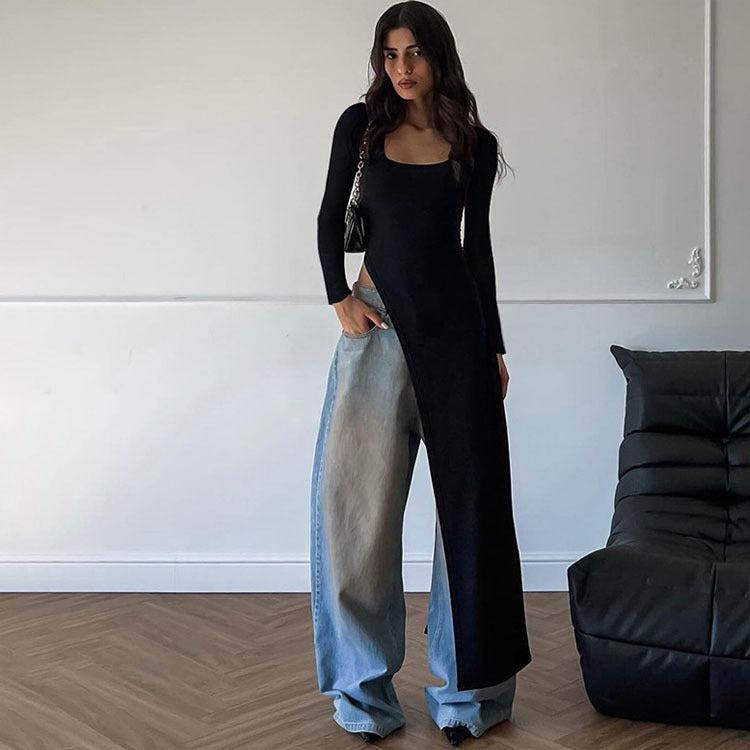 Asymmetric Square Neck Long Sleeve High-Low Hem Top and Wide-Leg Jeans Set