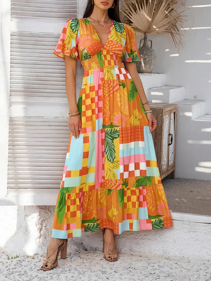 Tropical Floral Maxi Sun Dress for Women Orange