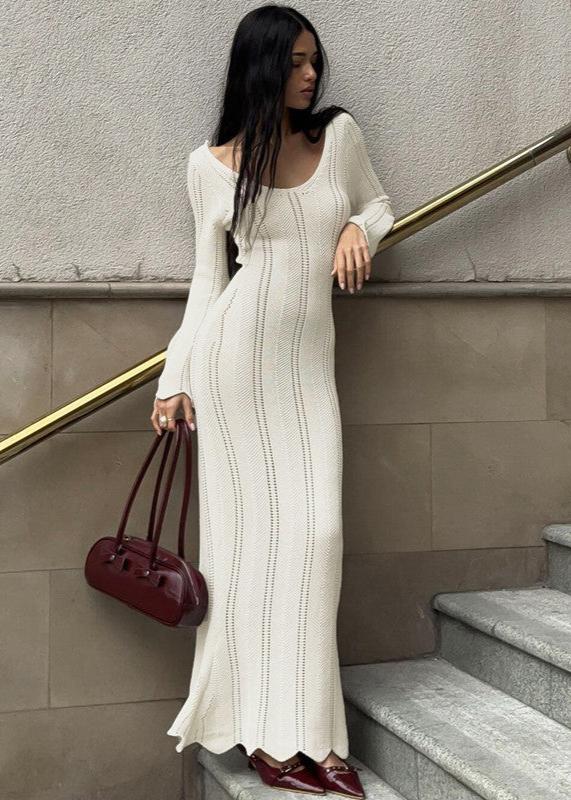 Pointelle Rib Knit Scoop Neck Long Sleeve Flared Cuff Bodycon Maxi Dress