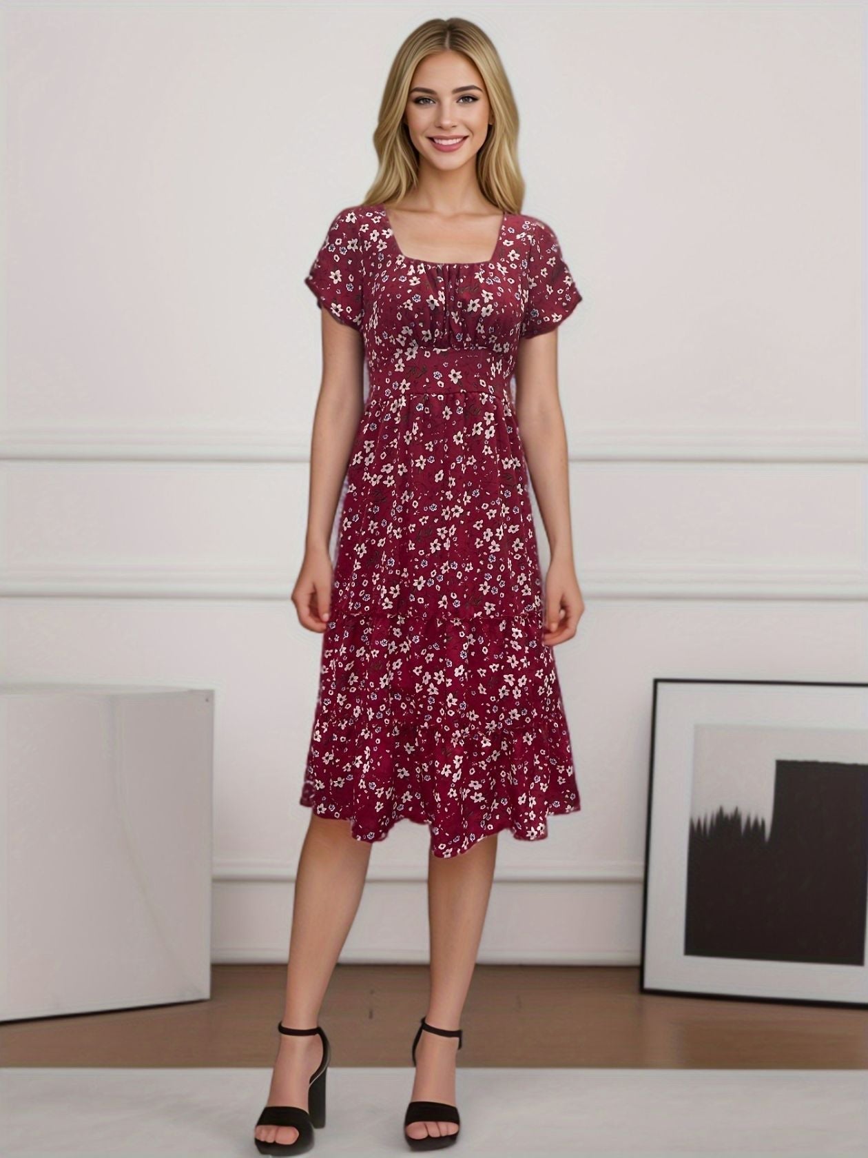 Ditsy Floral Print Square Neck Puff Sleeve Tiered Ruffle Hem Midi Dress