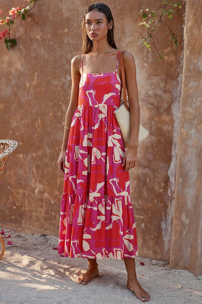 Spaghetti Strap Tiered Botanical Leaf Print Maxi Dress