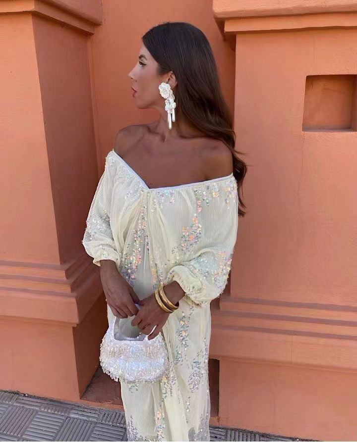 Off Shoulder Balloon Sleeve Sequin Deep V-Neck Maxi Dress