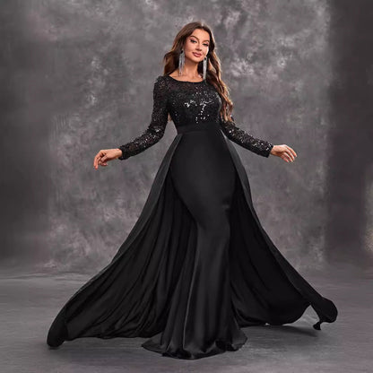 Prom Party Dress Sequined Long Sleeve Round Neck Elegant Black Formal Dress